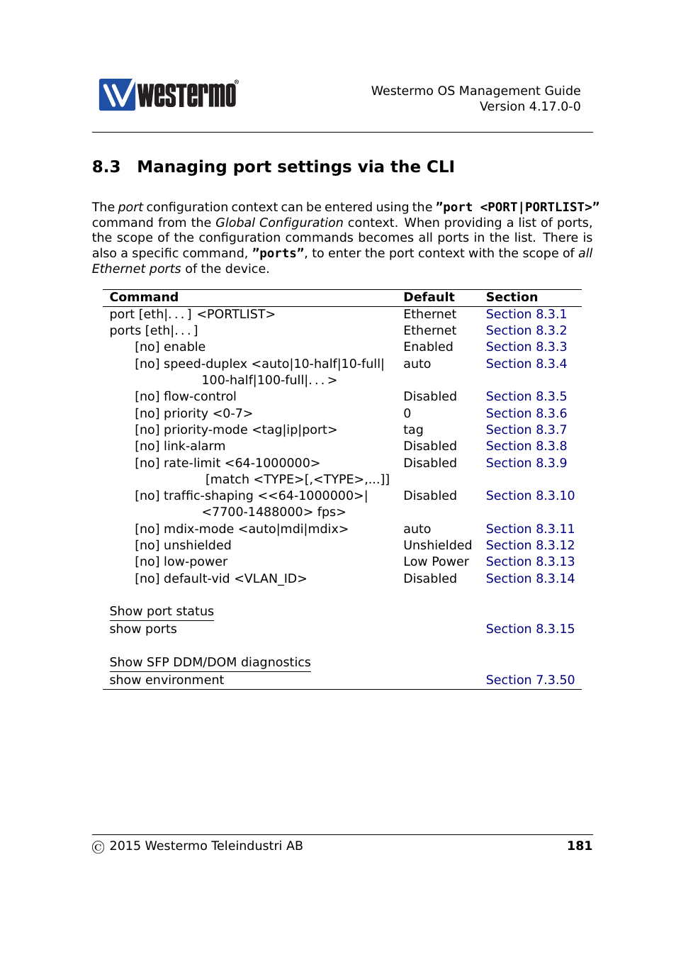 3 managing port settings via the cli, Section 8.3 | Westermo RedFox Series User Manual | Page 181 / 977