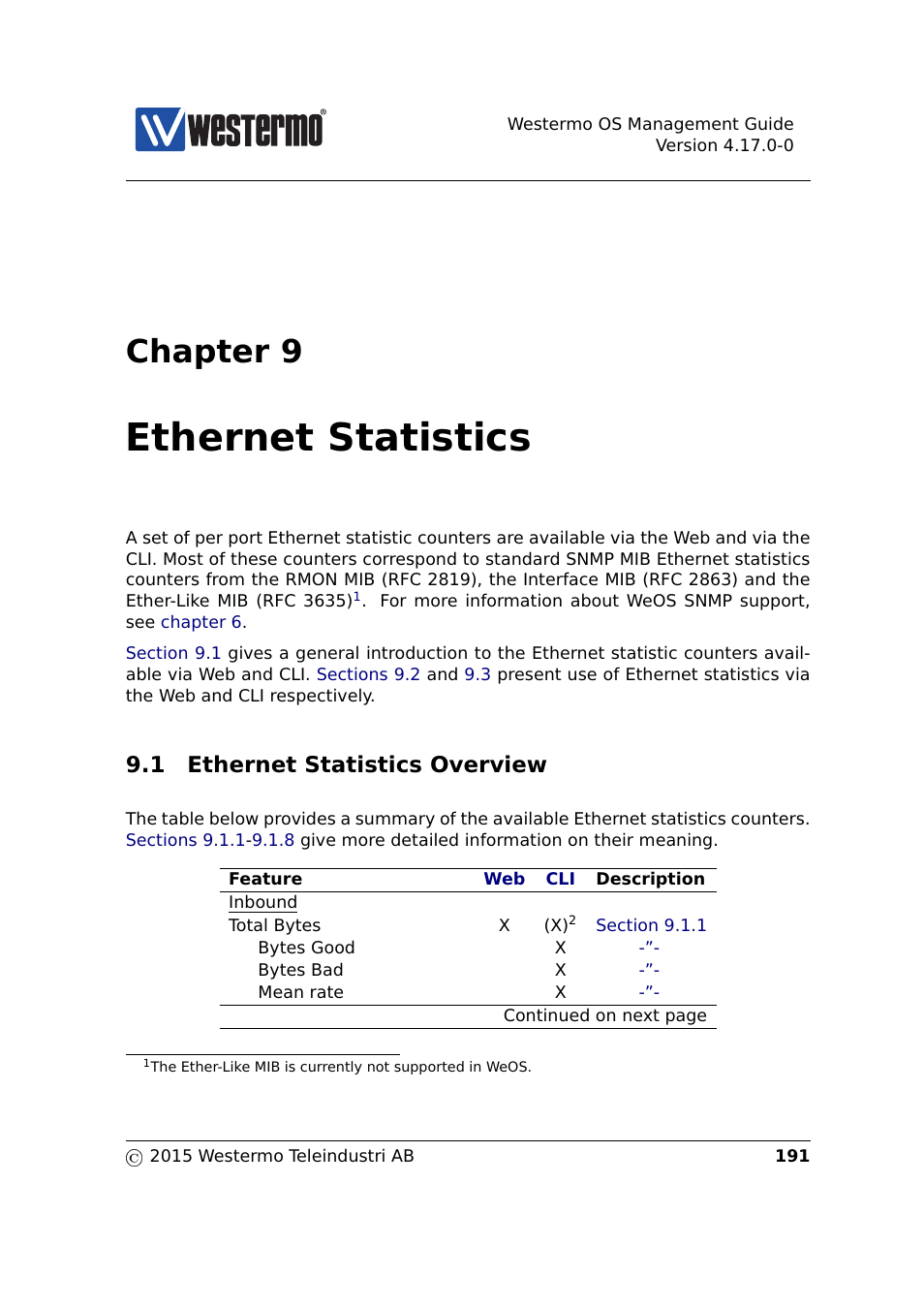 9 ethernet statistics, 1 ethernet statistics overview, Chapter 9 | Ethernet statistics | Westermo RedFox Series User Manual | Page 191 / 977