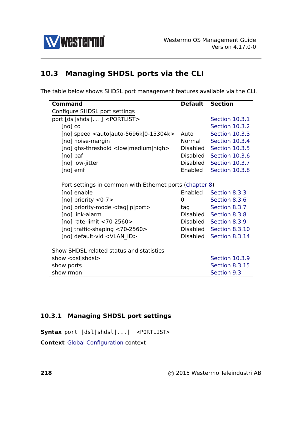 3 managing shdsl ports via the cli, Shdsl port configuration, Section 10.3.1 | Shdsl port con, Figuration | Westermo RedFox Series User Manual | Page 218 / 977