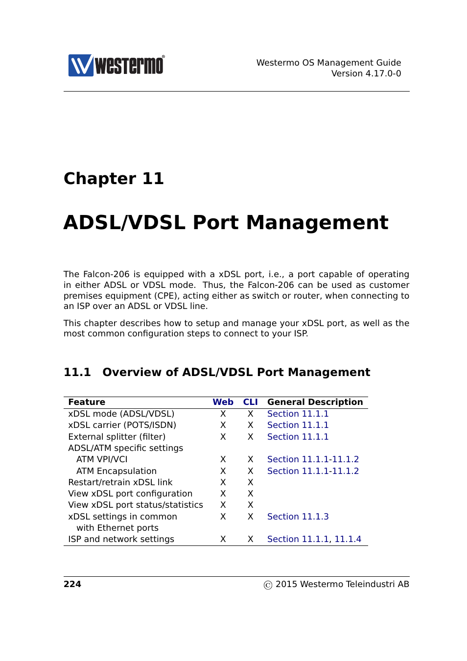 11 adsl/vdsl port management, 1 overview of adsl/vdsl port management, Chapter 11 | Adsl/vdsl port management | Westermo RedFox Series User Manual | Page 224 / 977