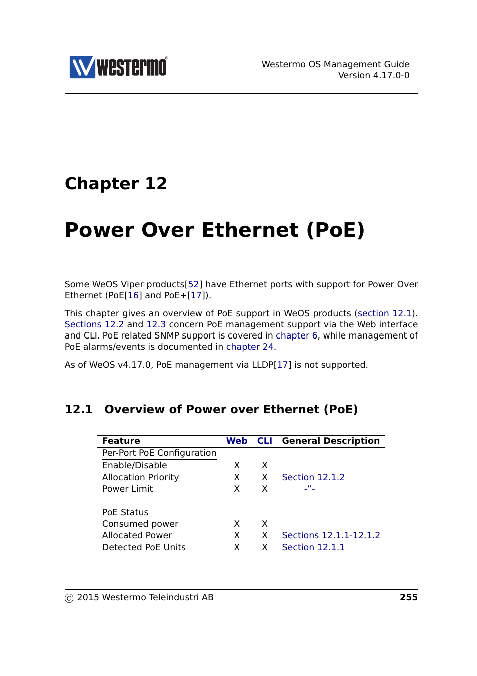 12 power over ethernet (poe), 1 overview of power over ethernet (poe), Power over ethernet (poe) | Chapter 12 | Westermo RedFox Series User Manual | Page 255 / 977