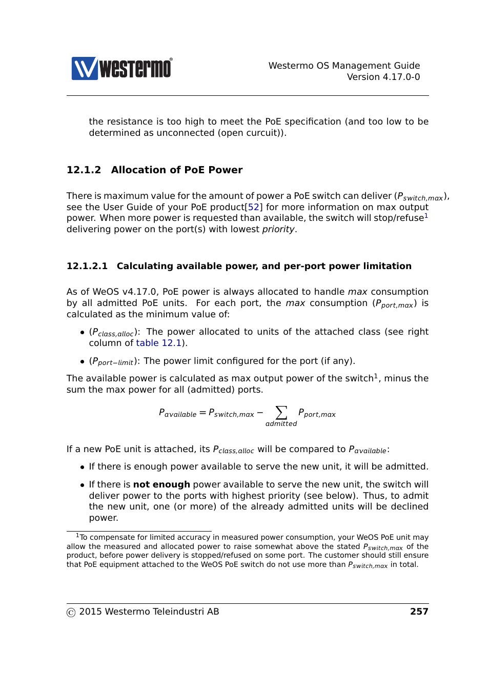 Section 12.1.2, 2 allocation of poe power | Westermo RedFox Series User Manual | Page 257 / 977