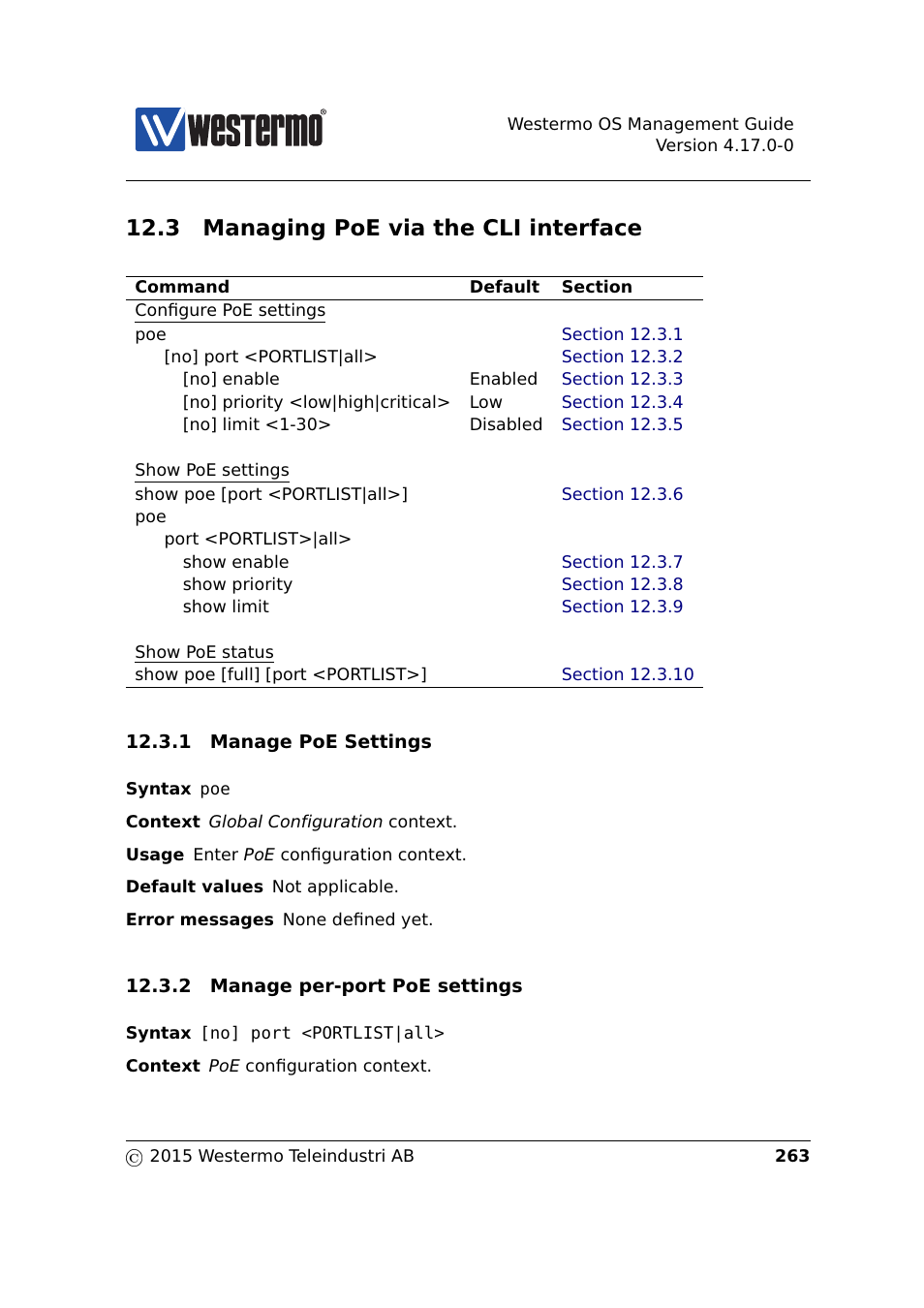 3 managing poe via the cli interface | Westermo RedFox Series User Manual | Page 263 / 977