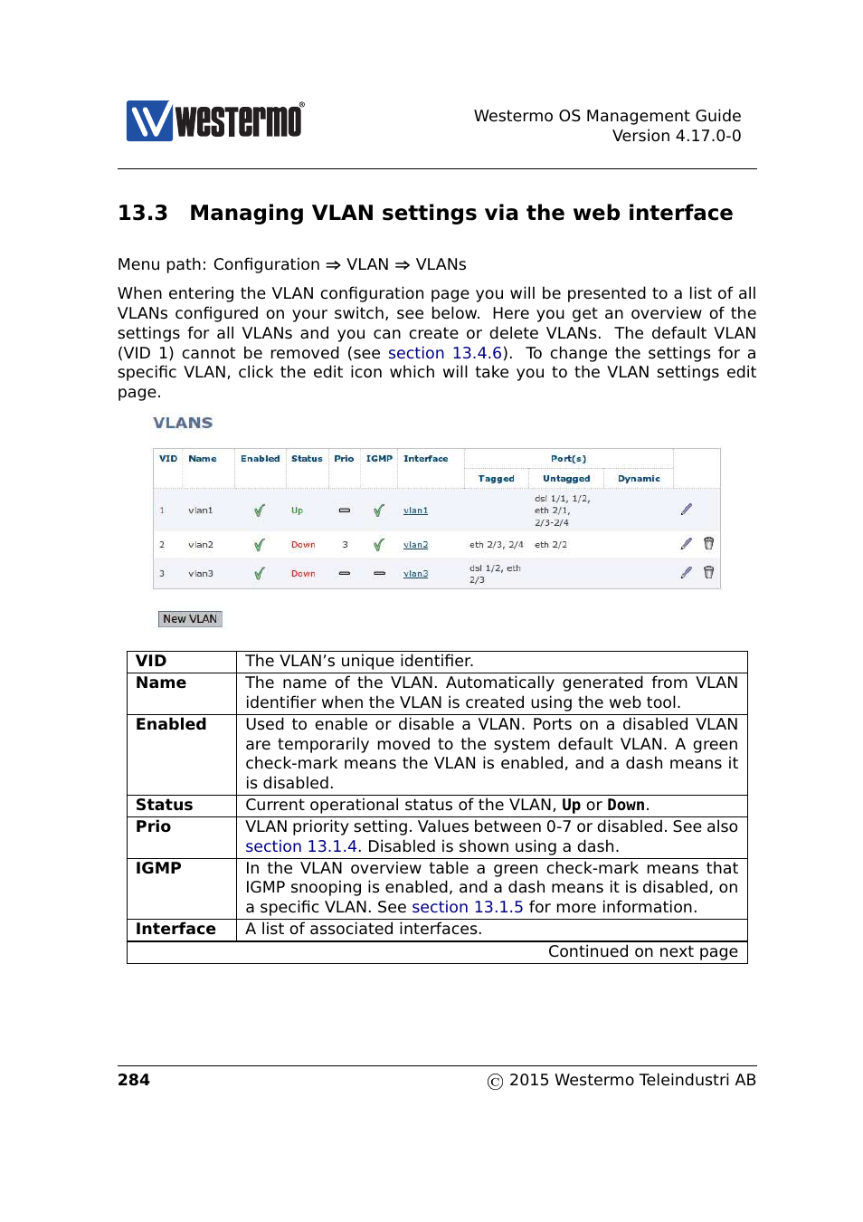 3 managing vlan settings via the web interface, Section 13.3 | Westermo RedFox Series User Manual | Page 284 / 977