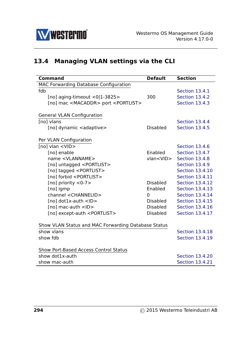 4 managing vlan settings via the cli, Section 13.4 | Westermo RedFox Series User Manual | Page 294 / 977