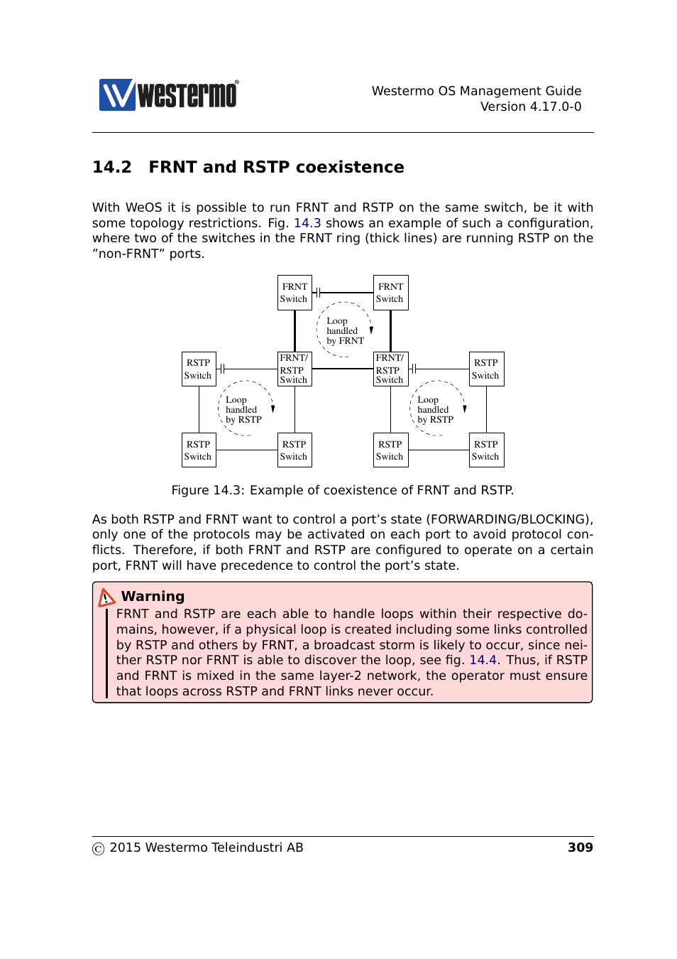 2 frnt and rstp coexistence, Warning | Westermo RedFox Series User Manual | Page 309 / 977