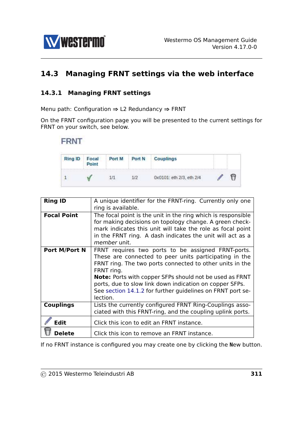 3 managing frnt settings via the web interface, Sections 14.3 | Westermo RedFox Series User Manual | Page 311 / 977