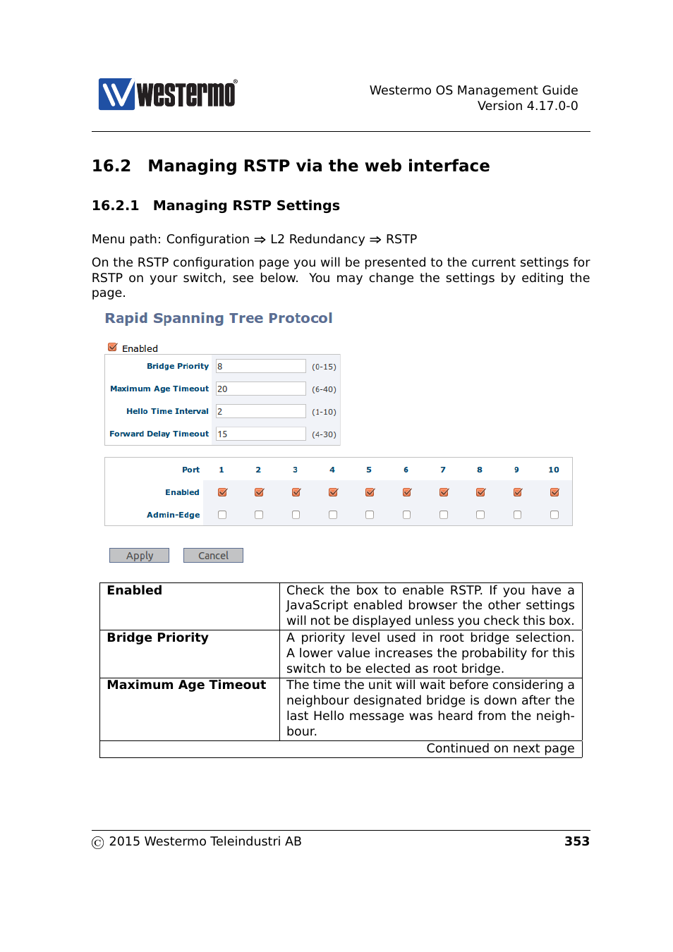 2 managing rstp via the web interface | Westermo RedFox Series User Manual | Page 353 / 977