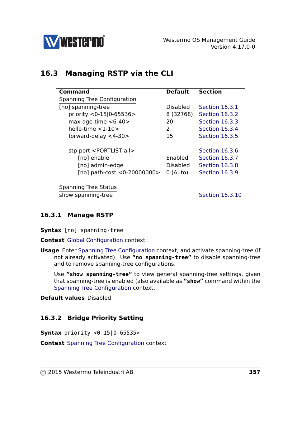 3 managing rstp via the cli | Westermo RedFox Series User Manual | Page 357 / 977