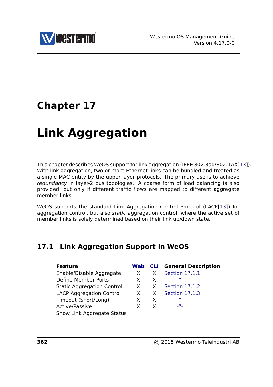 17 link aggregation, 1 link aggregation support in weos, Section 17 | Chapter 17, Link aggregation | Westermo RedFox Series User Manual | Page 362 / 977