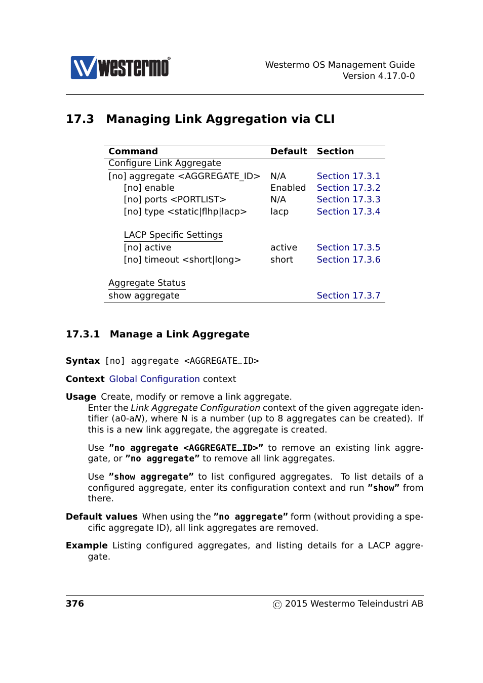 3 managing link aggregation via cli | Westermo RedFox Series User Manual | Page 376 / 977