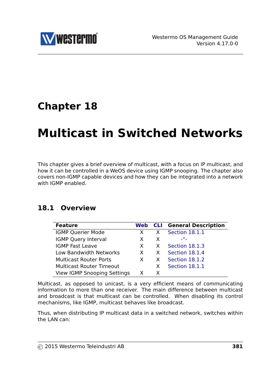 18 multicast in switched networks, 1 overview, Chapter 18 | Multicast in switched networks | Westermo RedFox Series User Manual | Page 381 / 977