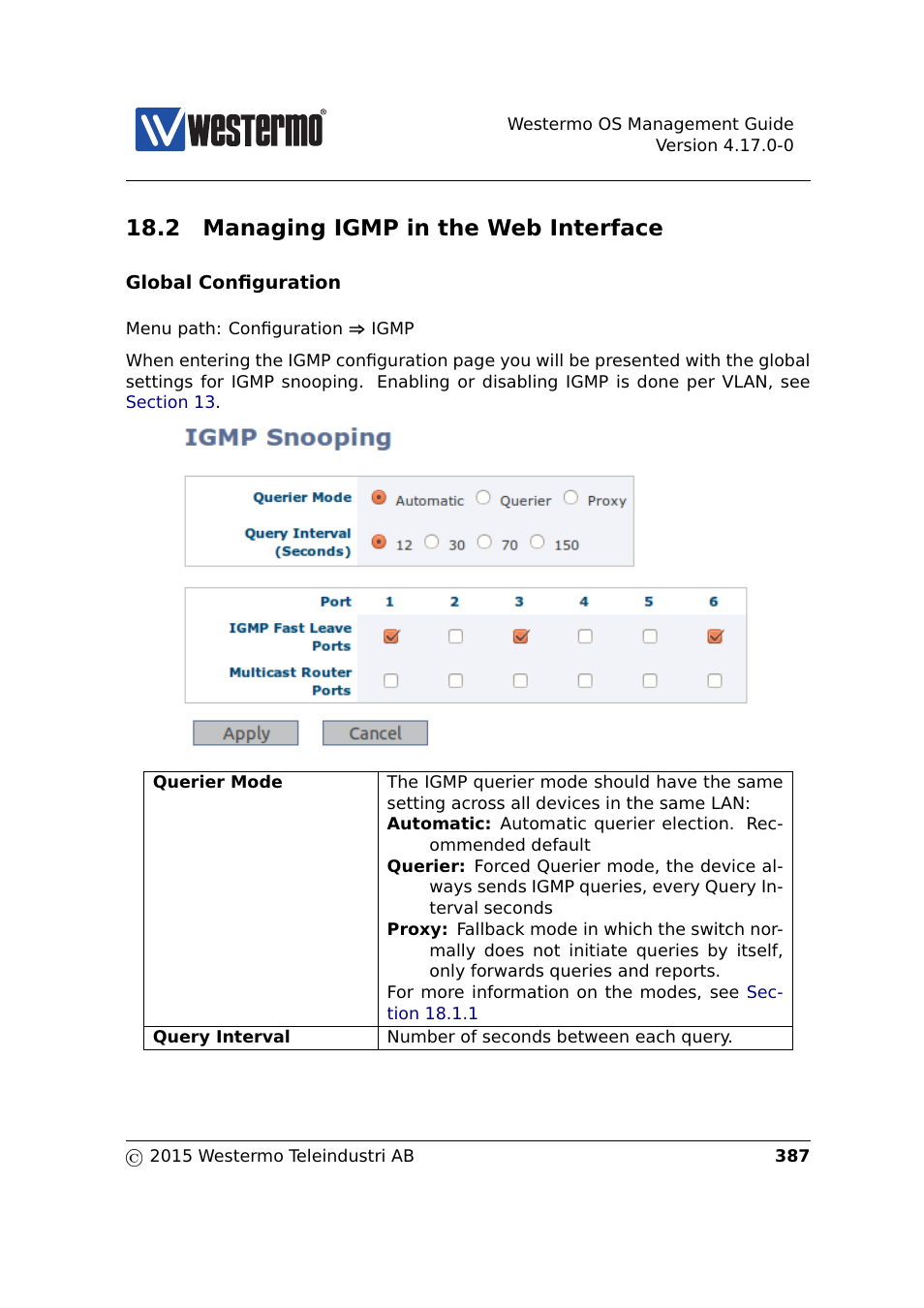 2 managing igmp in the web interface, Tion 18.2, Section 18.2 | Westermo RedFox Series User Manual | Page 387 / 977