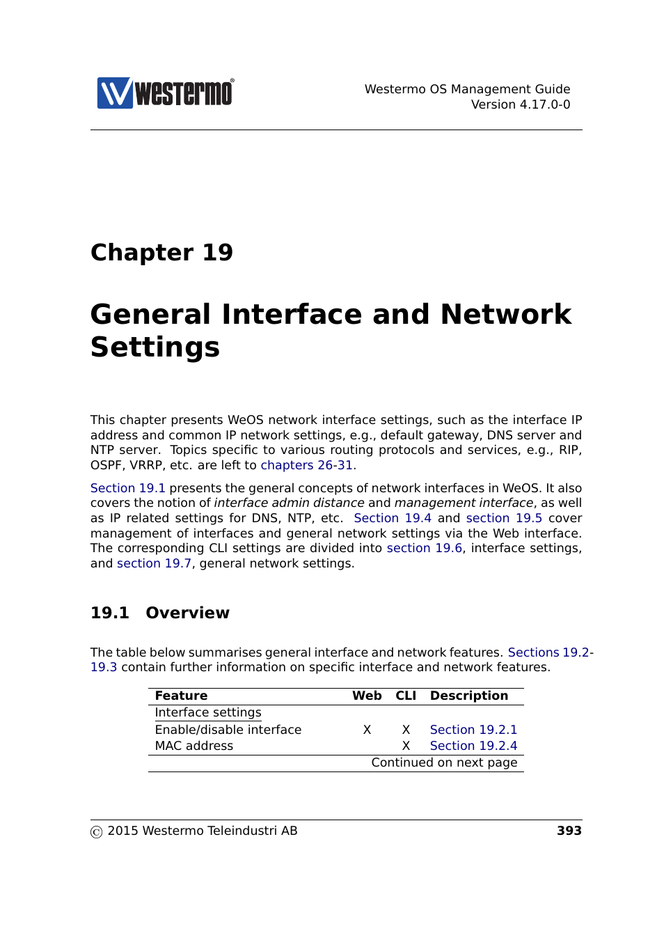 19 general network settings, 1 overview, Chapter 19 | General interface and network settings | Westermo RedFox Series User Manual | Page 393 / 977