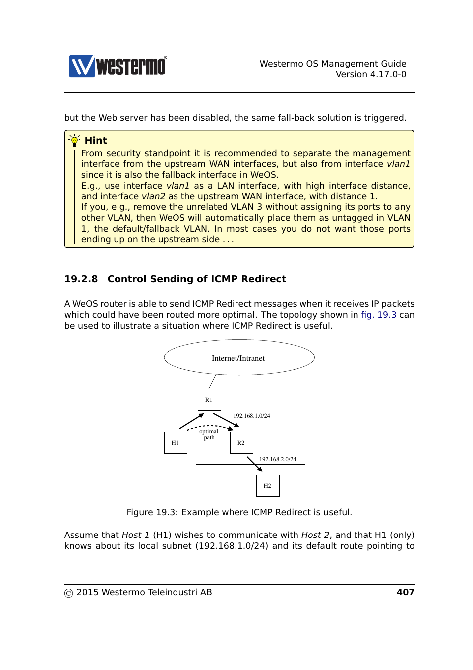 Section 19.2.8, Hint, 8 control sending of icmp redirect | Westermo RedFox Series User Manual | Page 407 / 977