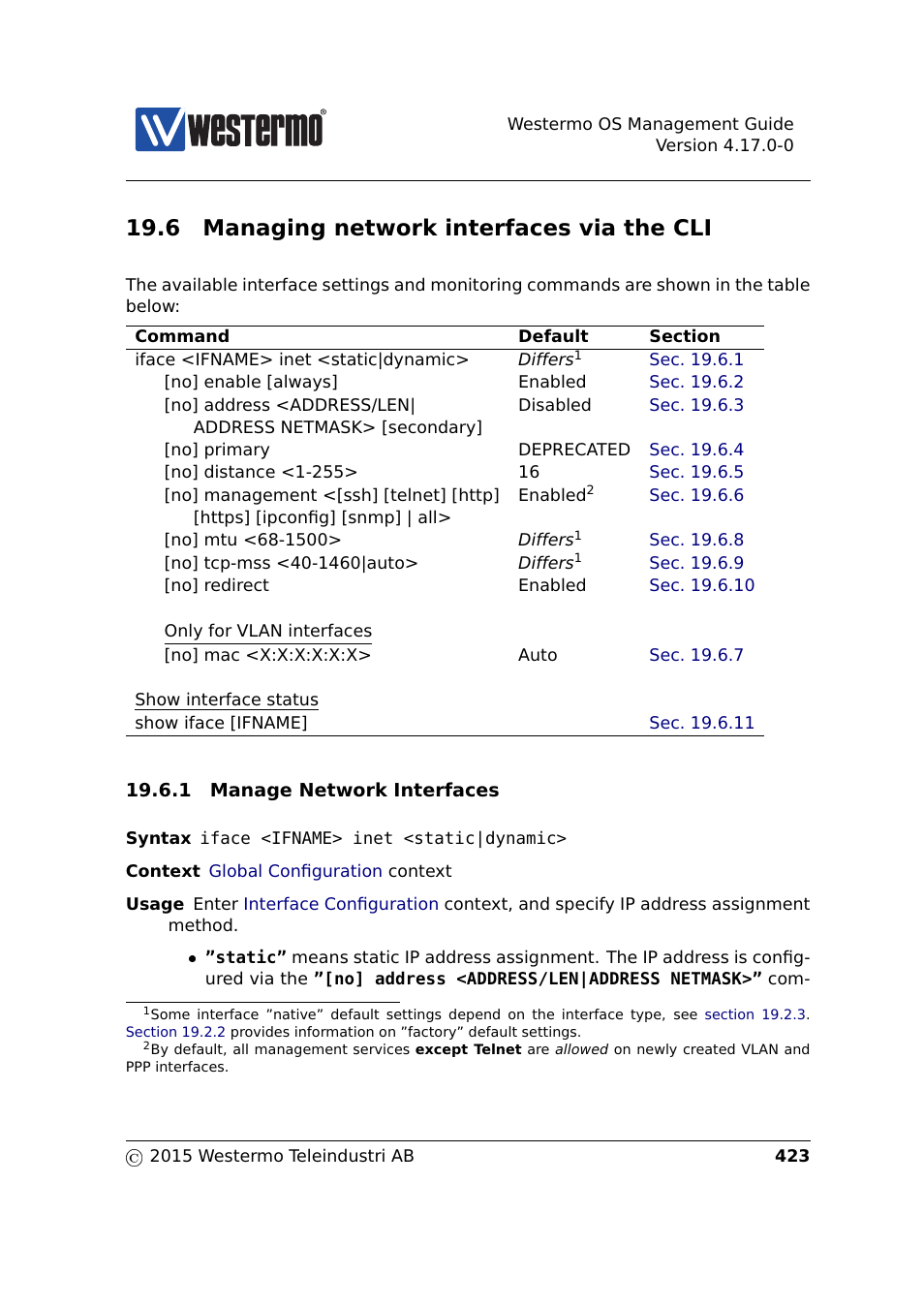 6 managing network interfaces via the cli, Section 19.6 | Westermo RedFox Series User Manual | Page 423 / 977