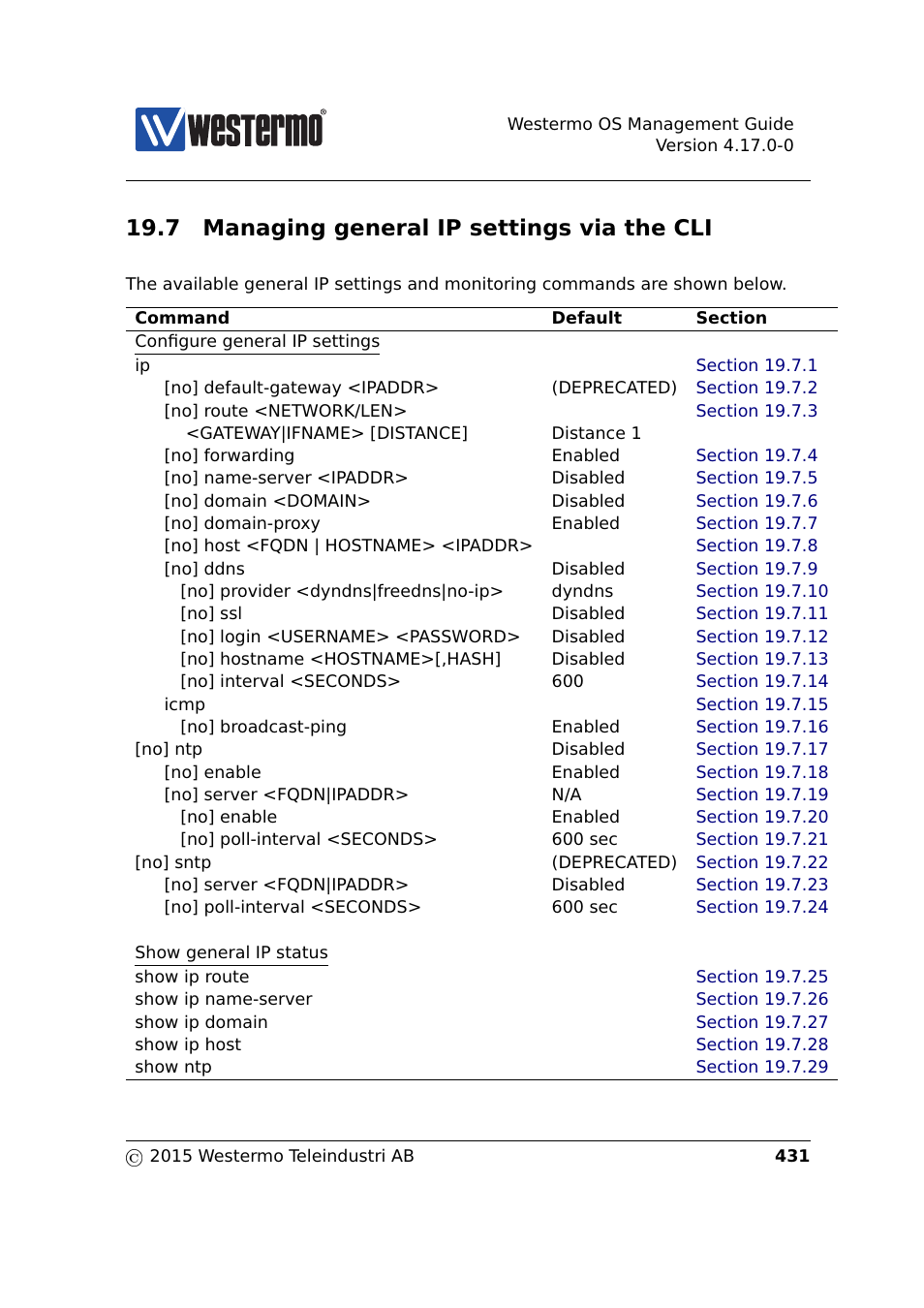 7 managing general ip settings via the cli, Section 19.7 | Westermo RedFox Series User Manual | Page 431 / 977