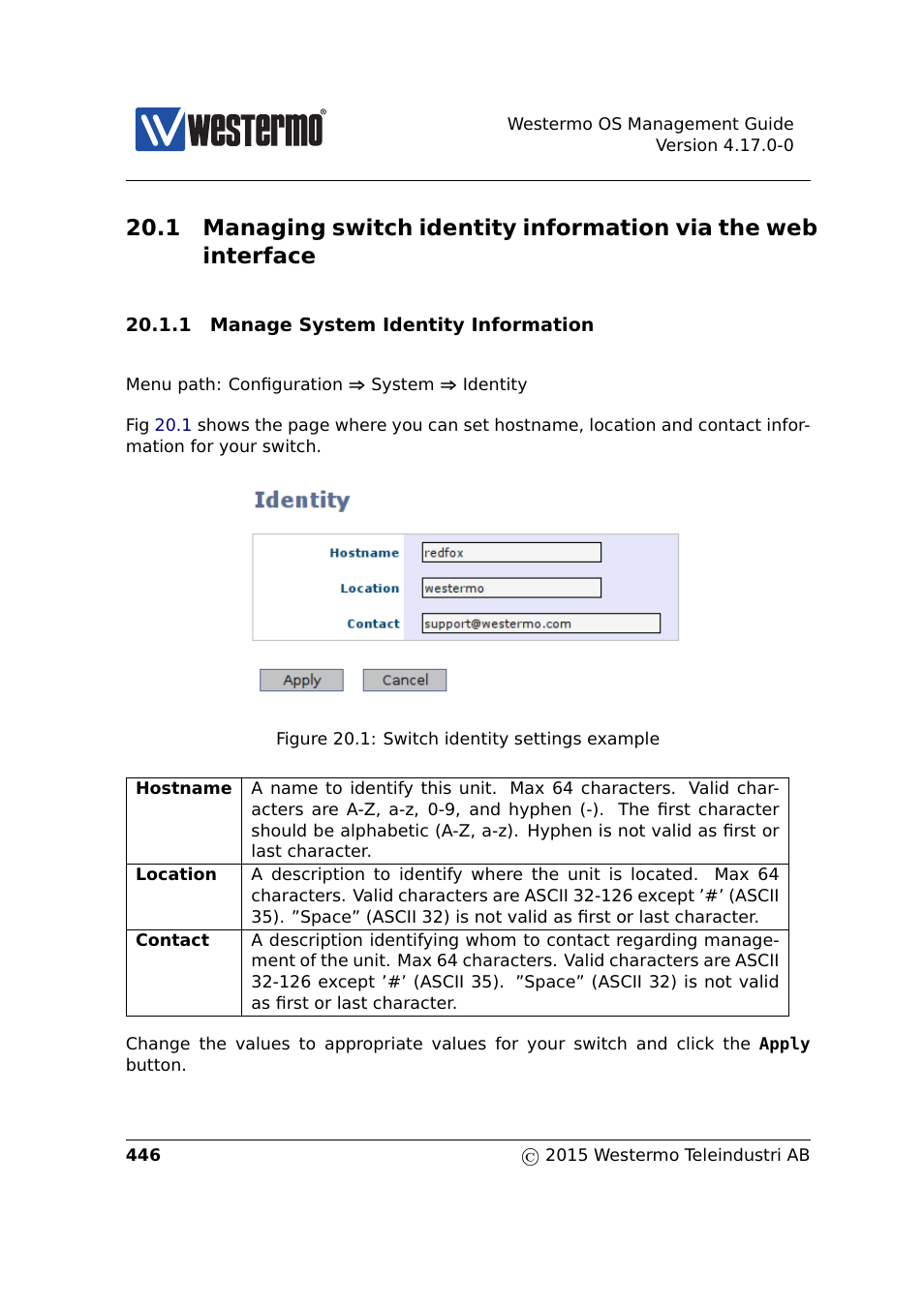 1 managing switch identity via web, Section 20.1 | Westermo RedFox Series User Manual | Page 446 / 977
