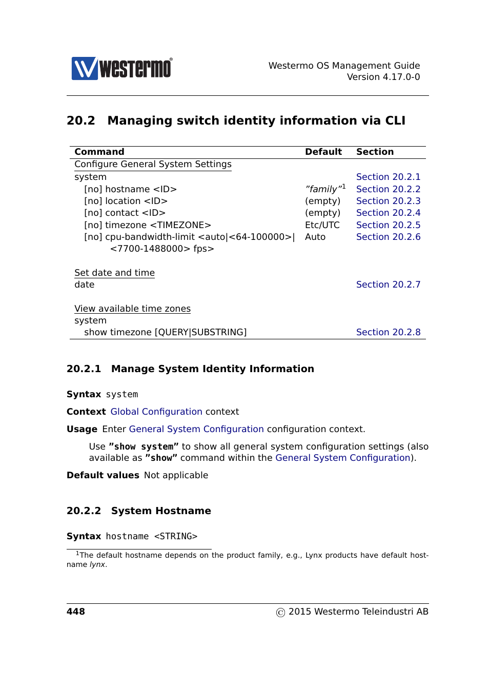 2 managing switch identity information via cli, Section 20.2.2, Section 20.2 | Westermo RedFox Series User Manual | Page 448 / 977