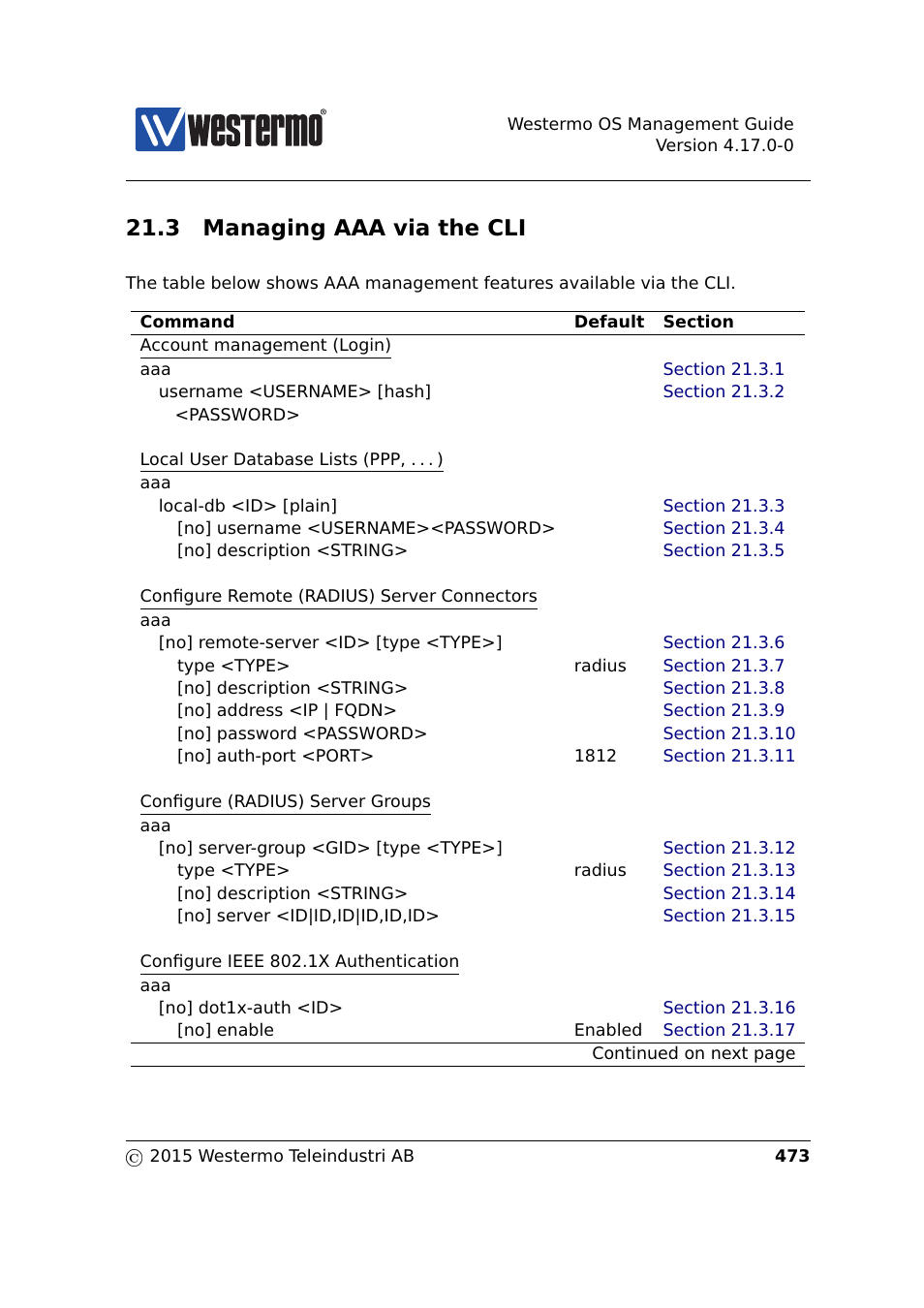 3 managing aaa via the cli | Westermo RedFox Series User Manual | Page 473 / 977