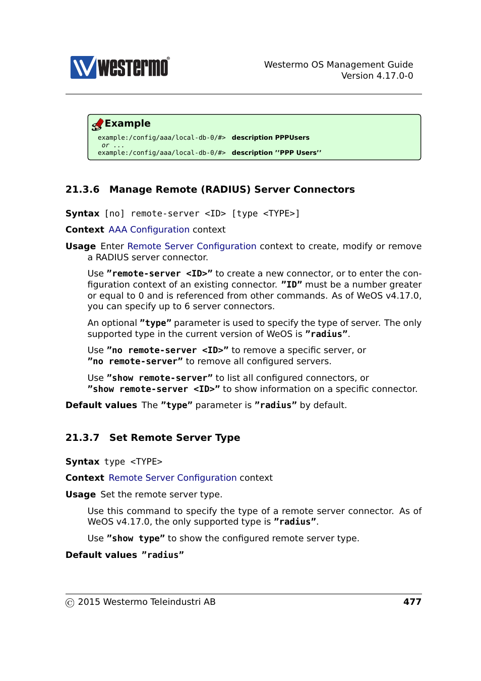 Section 21.3.6, Section 21.3.7 | Westermo RedFox Series User Manual | Page 477 / 977