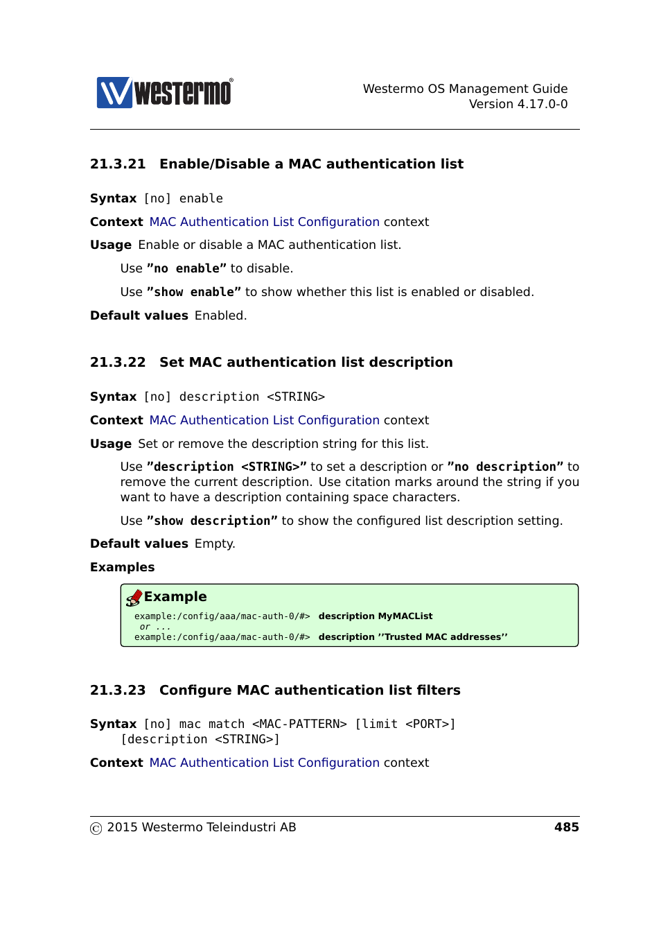 Section 21.3.21, Section 21.3.22, Section 21.3.23 | Westermo RedFox Series User Manual | Page 485 / 977