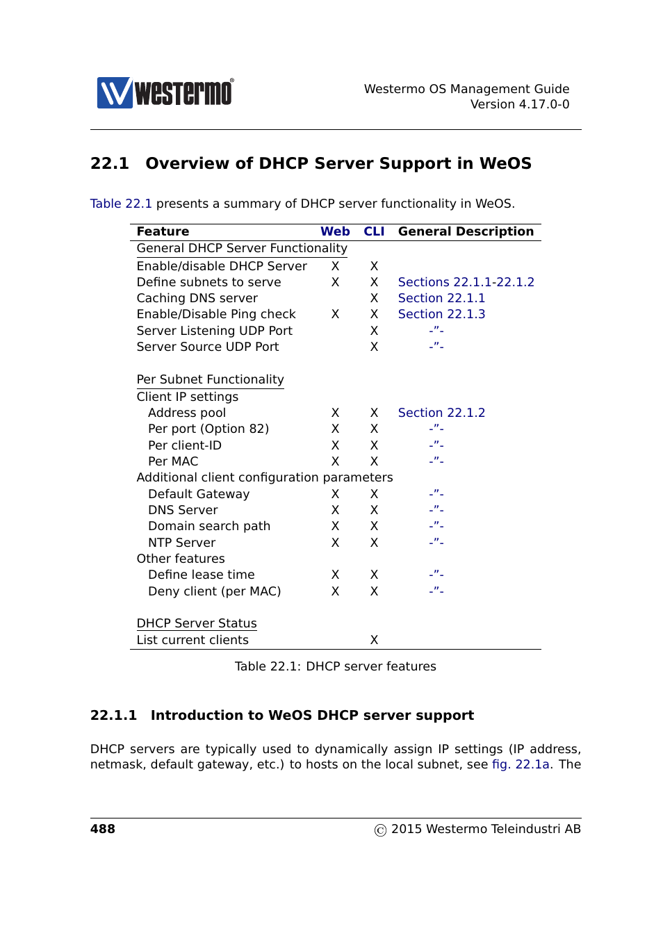 1 overview of dhcp server support in weos | Westermo RedFox Series User Manual | Page 488 / 977