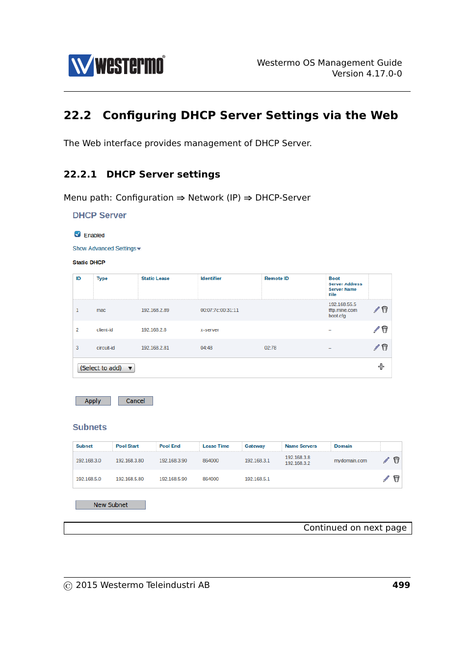 2 configuring dhcp server settings via the web | Westermo RedFox Series User Manual | Page 499 / 977