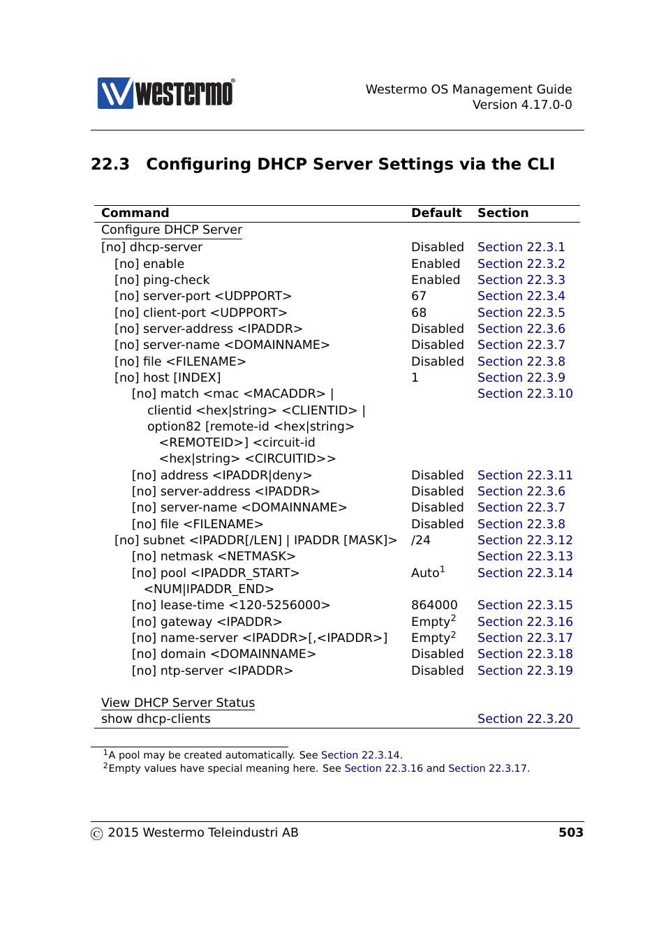 3 configuring dhcp server settings via the cli | Westermo RedFox Series User Manual | Page 503 / 977