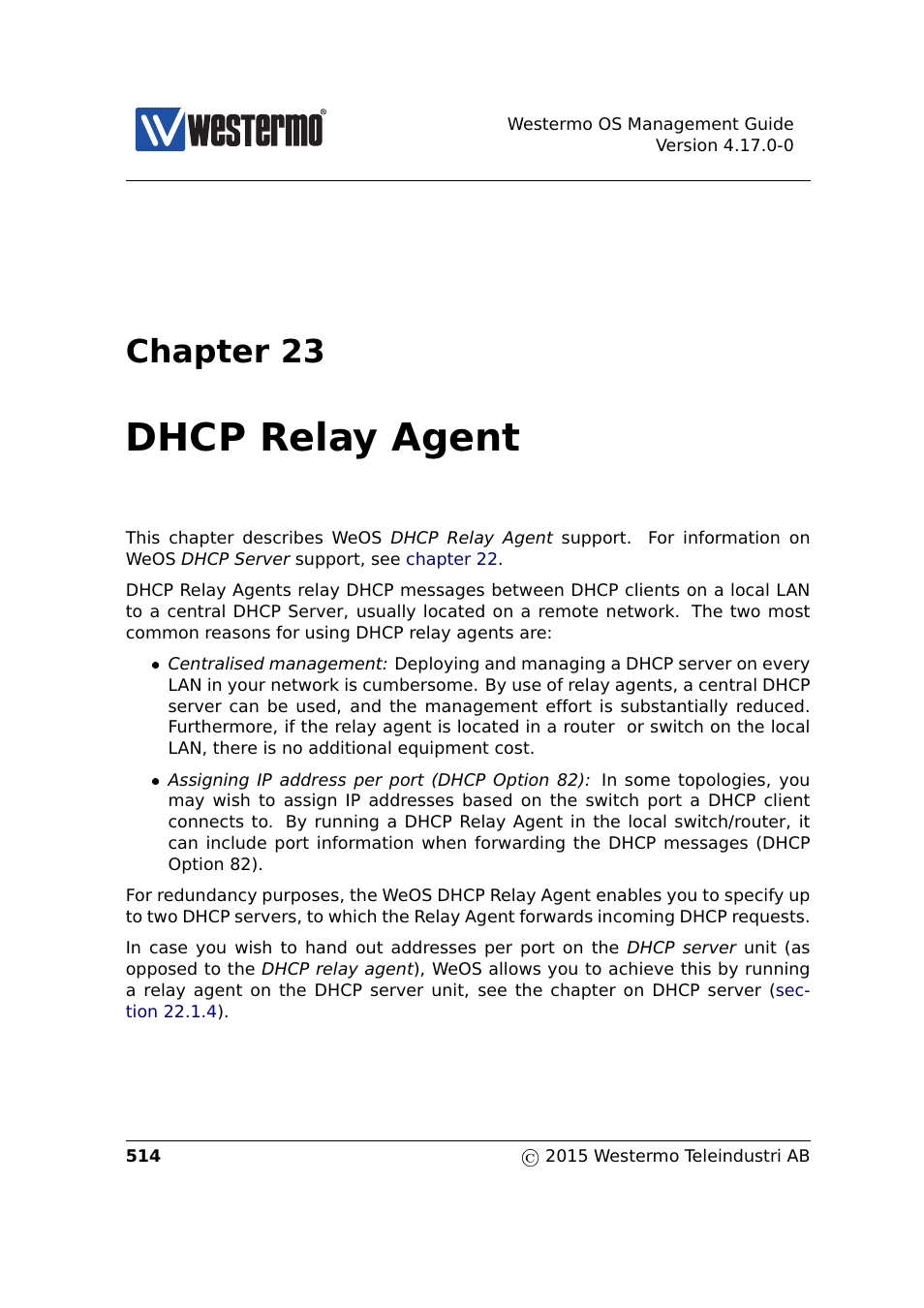 23 dhcp relay agent, Chapter 23, Dhcp relay agent | Westermo RedFox Series User Manual | Page 514 / 977