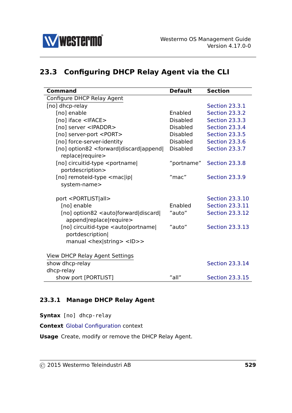 3 configuring dhcp relay agent via the cli | Westermo RedFox Series User Manual | Page 529 / 977