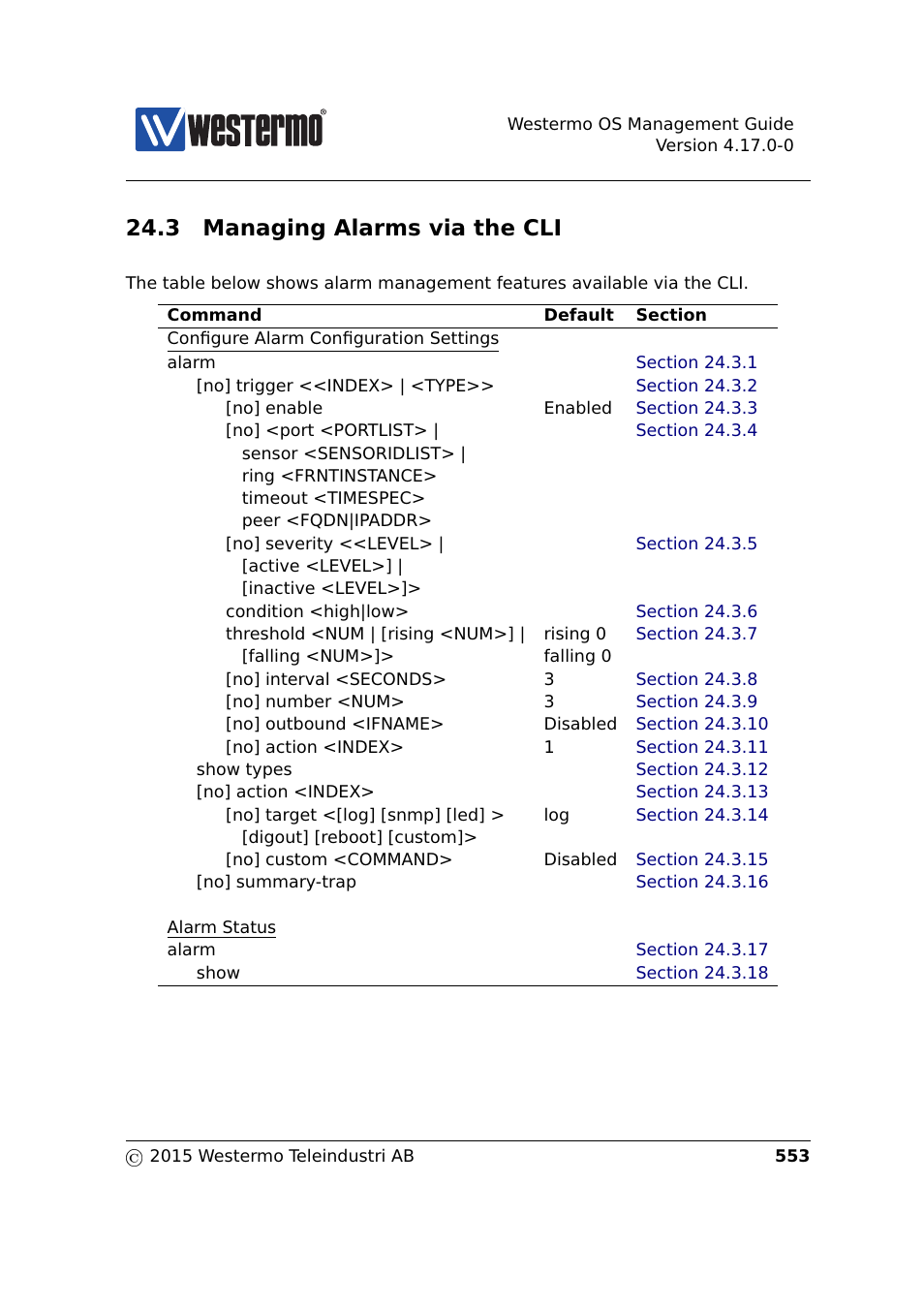 3 managing alarms via the cli | Westermo RedFox Series User Manual | Page 553 / 977