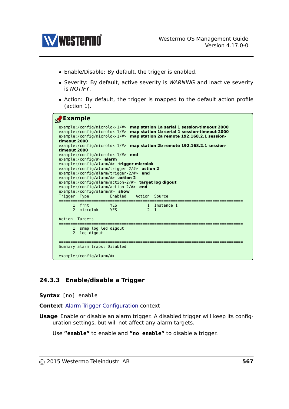 Section 24.3.3, Sections 24.3.3, Example | 3 enable/disable a trigger | Westermo RedFox Series User Manual | Page 567 / 977