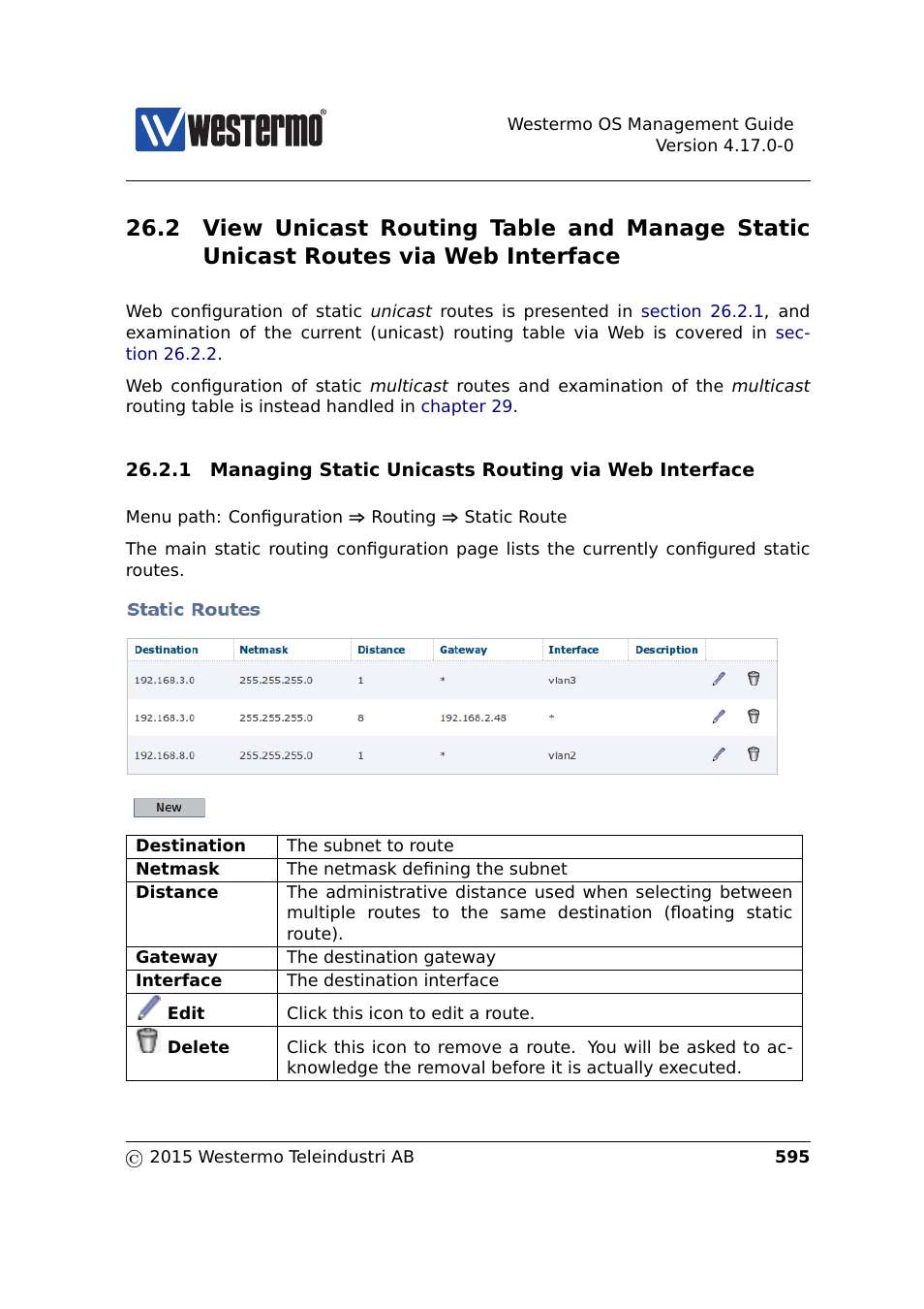 2 static unicast routes via web, Sections 26.2.1 | Westermo RedFox Series User Manual | Page 595 / 977