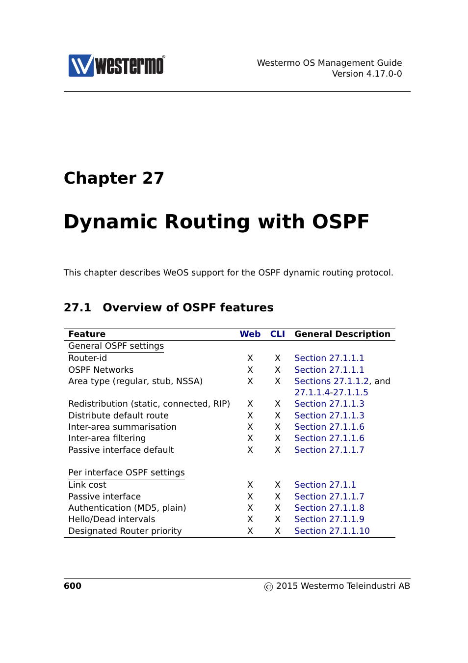 27 dynamic routing with ospf, 1 overview of ospf features, Chapter 27 | Chapters 27, Dynamic routing with ospf | Westermo RedFox Series User Manual | Page 600 / 977