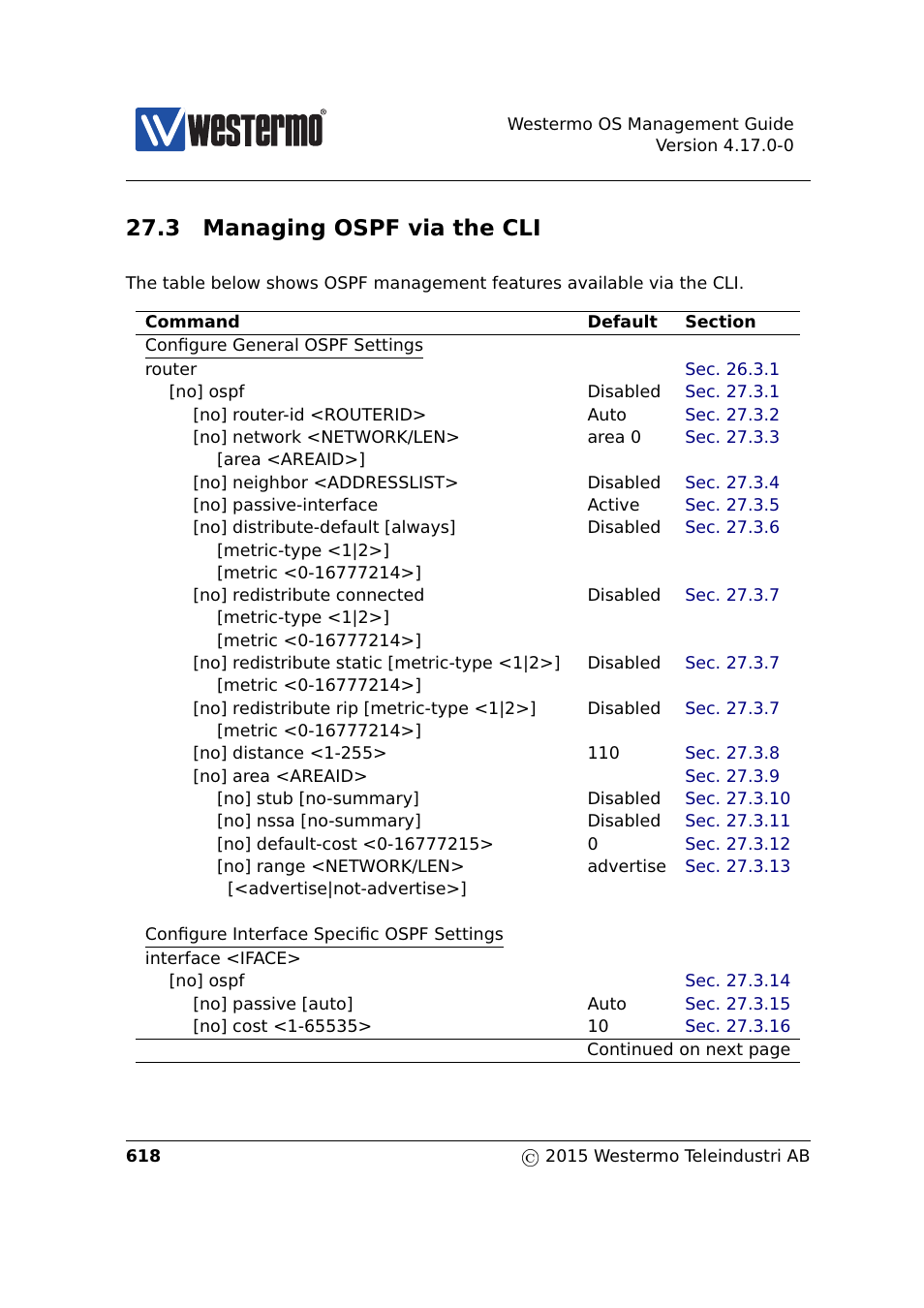 3 managing ospf via the cli, Section 27.3 | Westermo RedFox Series User Manual | Page 618 / 977