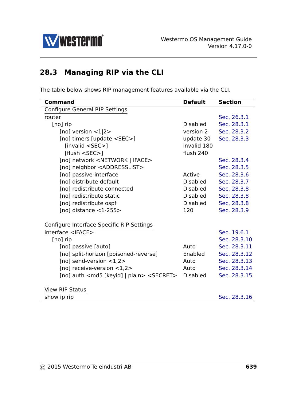 3 managing rip via the cli, Section 28.3, Tion 28.3 | Westermo RedFox Series User Manual | Page 639 / 977
