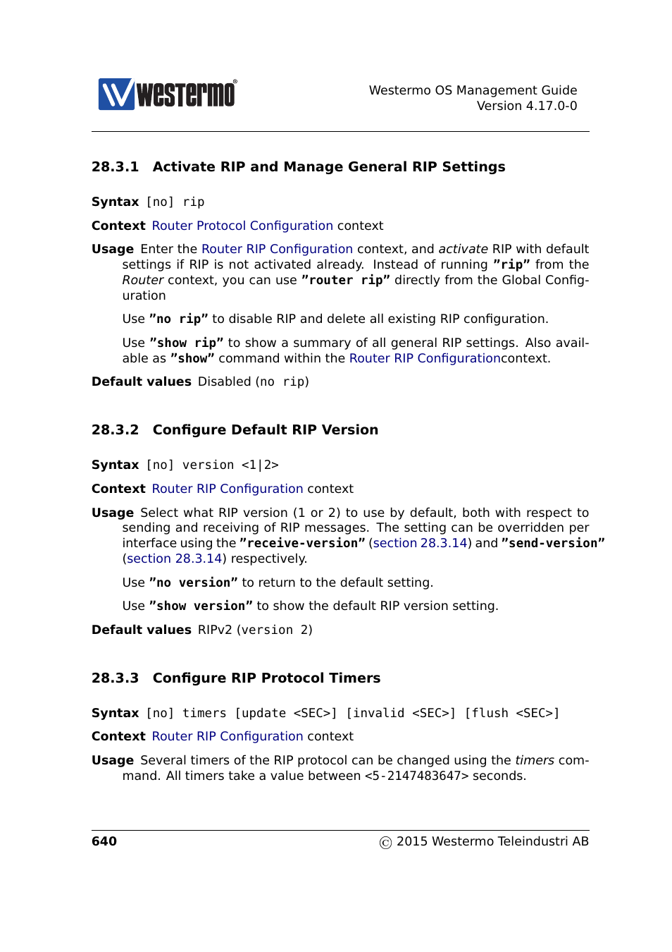 Router rip configuration, Sec. 28.3.1, Sec. 28.3.2 | Sec. 28.3.3 | Westermo RedFox Series User Manual | Page 640 / 977