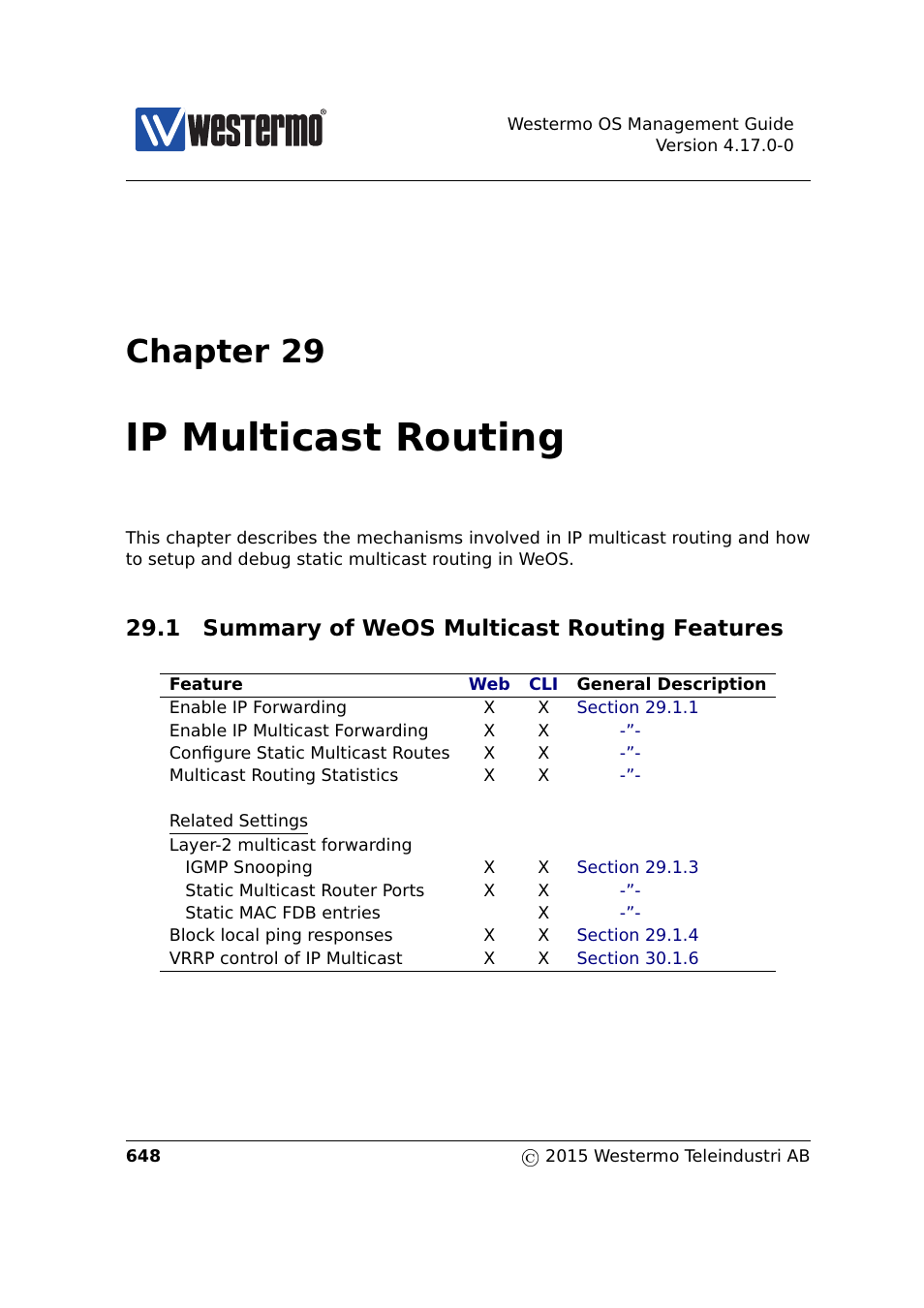 29 ip multicast routing, 1 summary of weos multicast routing features, Chapter 29 | Ip multicast routing | Westermo RedFox Series User Manual | Page 648 / 977