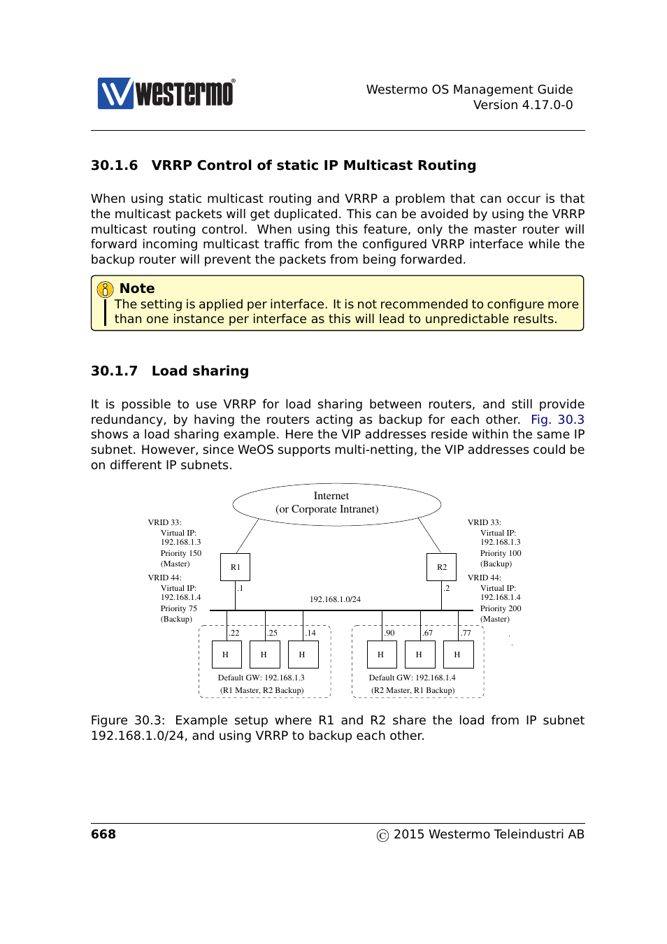 Section 30.1.6, Section 30.1.7, 6 vrrp control of static ip multicast routing | 7 load sharing | Westermo RedFox Series User Manual | Page 668 / 977