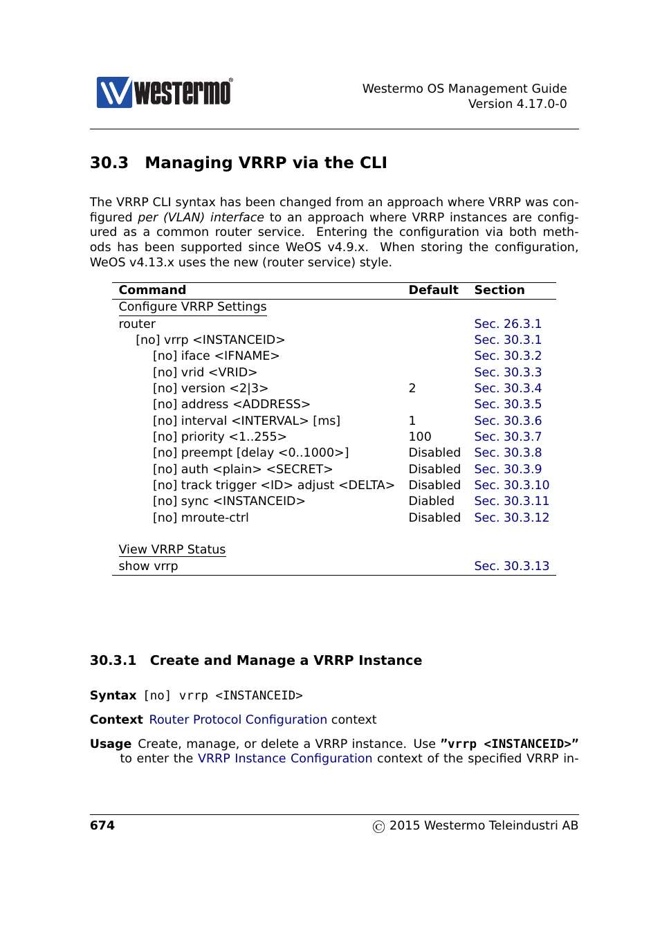 3 managing vrrp via the cli, Section 30.3, Tion 30.3 | Westermo RedFox Series User Manual | Page 674 / 977