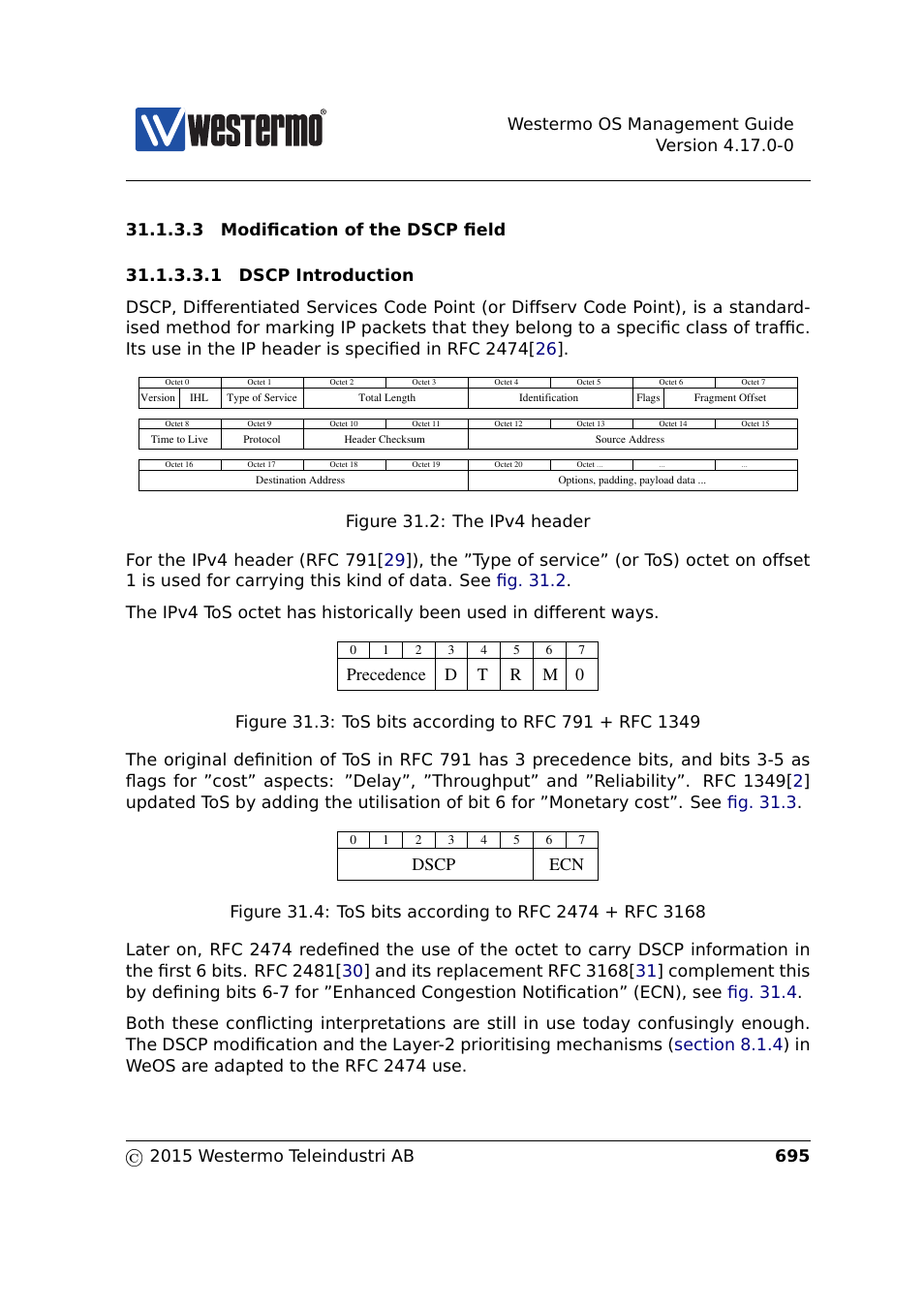 Section 31.1.3.3, Precedence 0 r t d m, Dscp ecn | Westermo RedFox Series User Manual | Page 695 / 977