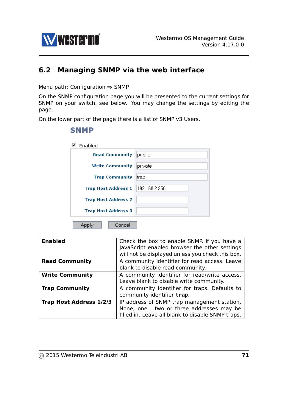 2 managing snmp via the web interface, Sections 6.2, Sec. 6.2 | Westermo RedFox Series User Manual | Page 71 / 977