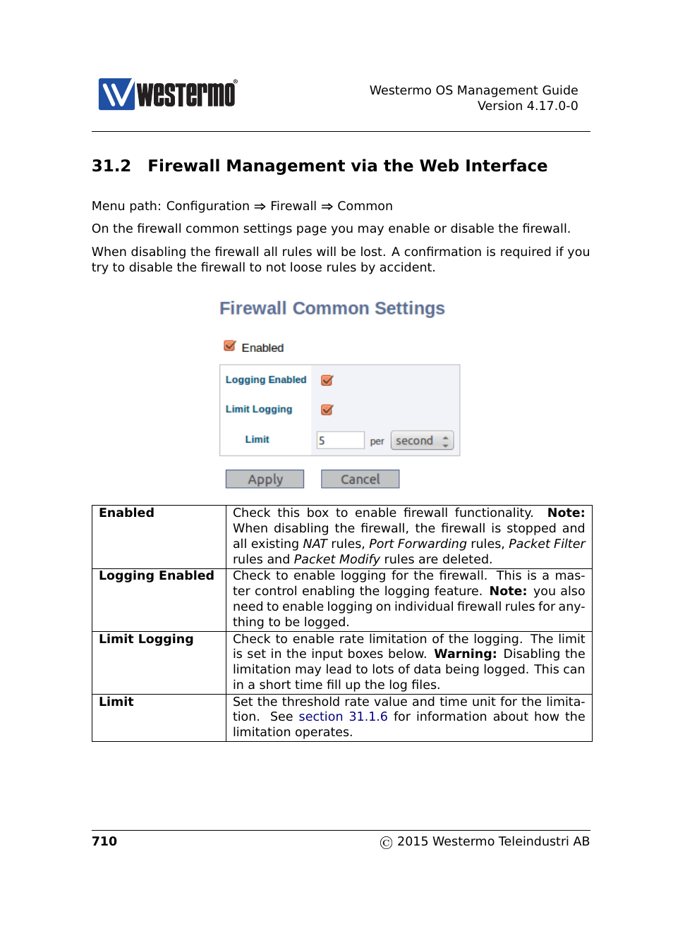 2 firewall management via the web interface, Section 31.2 | Westermo RedFox Series User Manual | Page 710 / 977
