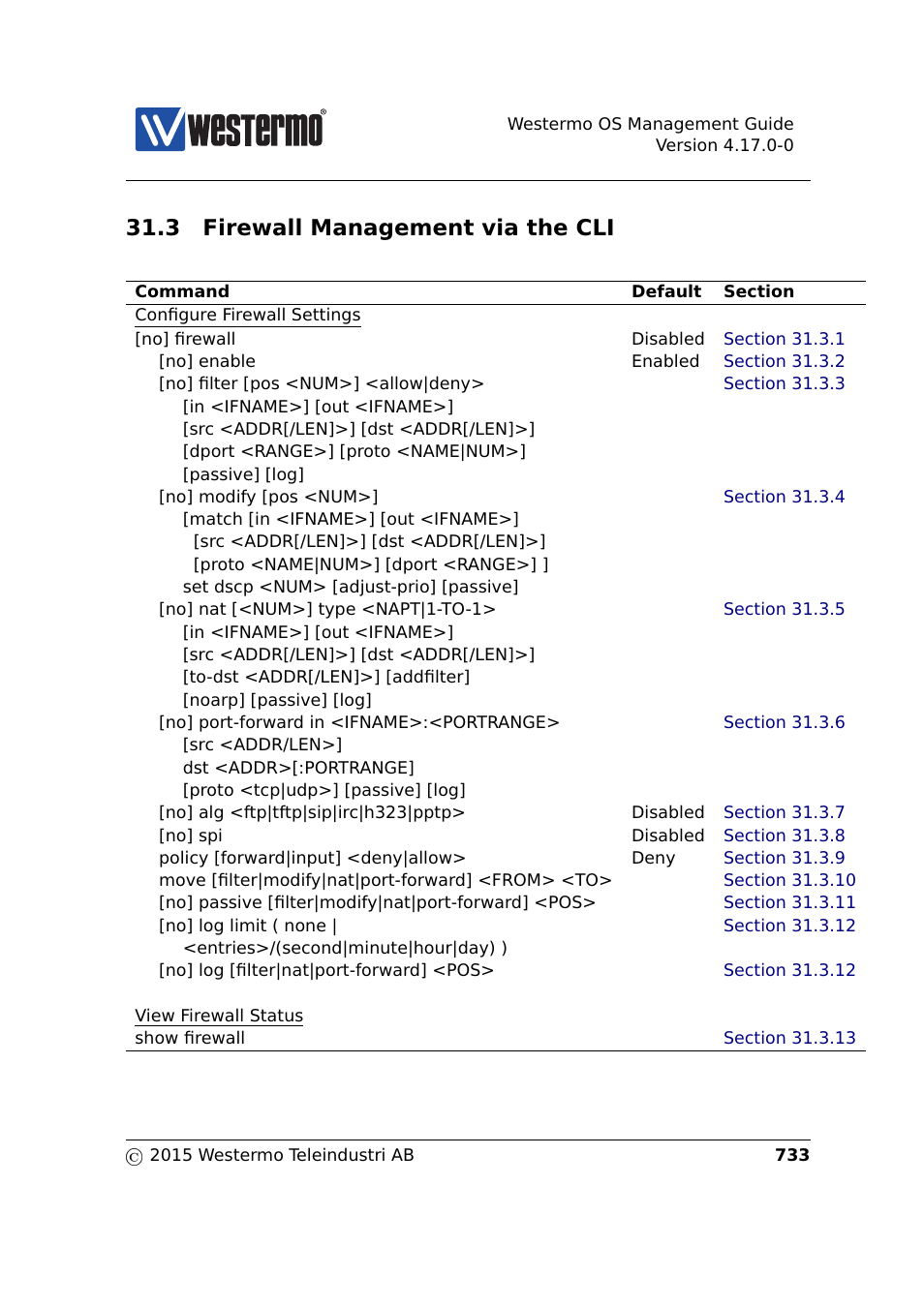 3 firewall management via the cli, Tion 31.3 | Westermo RedFox Series User Manual | Page 733 / 977