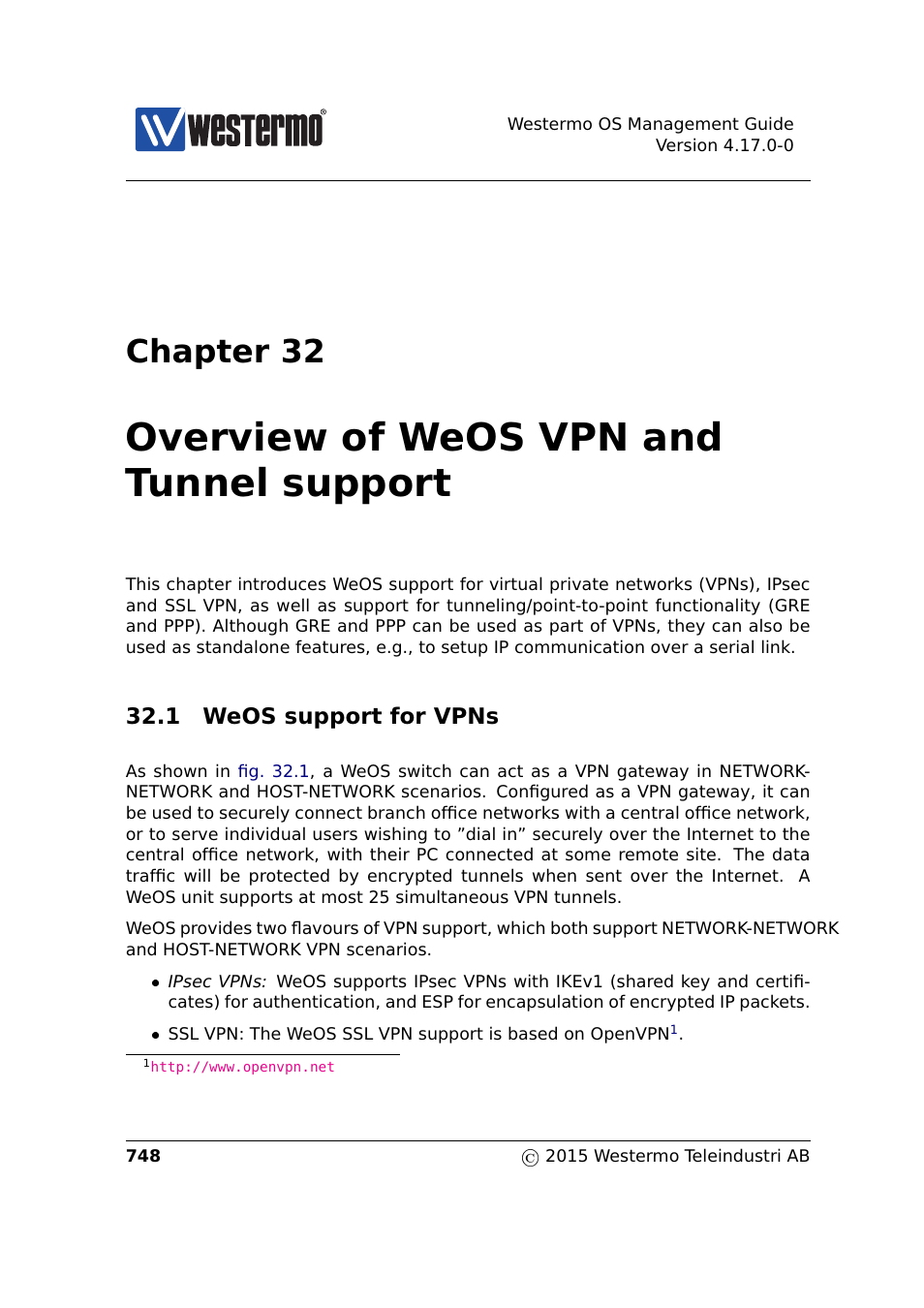 32 overview of weos vpn and tunnel support, 1 weos support for vpns, Chapters 32 | Overview of weos vpn and tunnel support, Chapter 32 | Westermo RedFox Series User Manual | Page 748 / 977