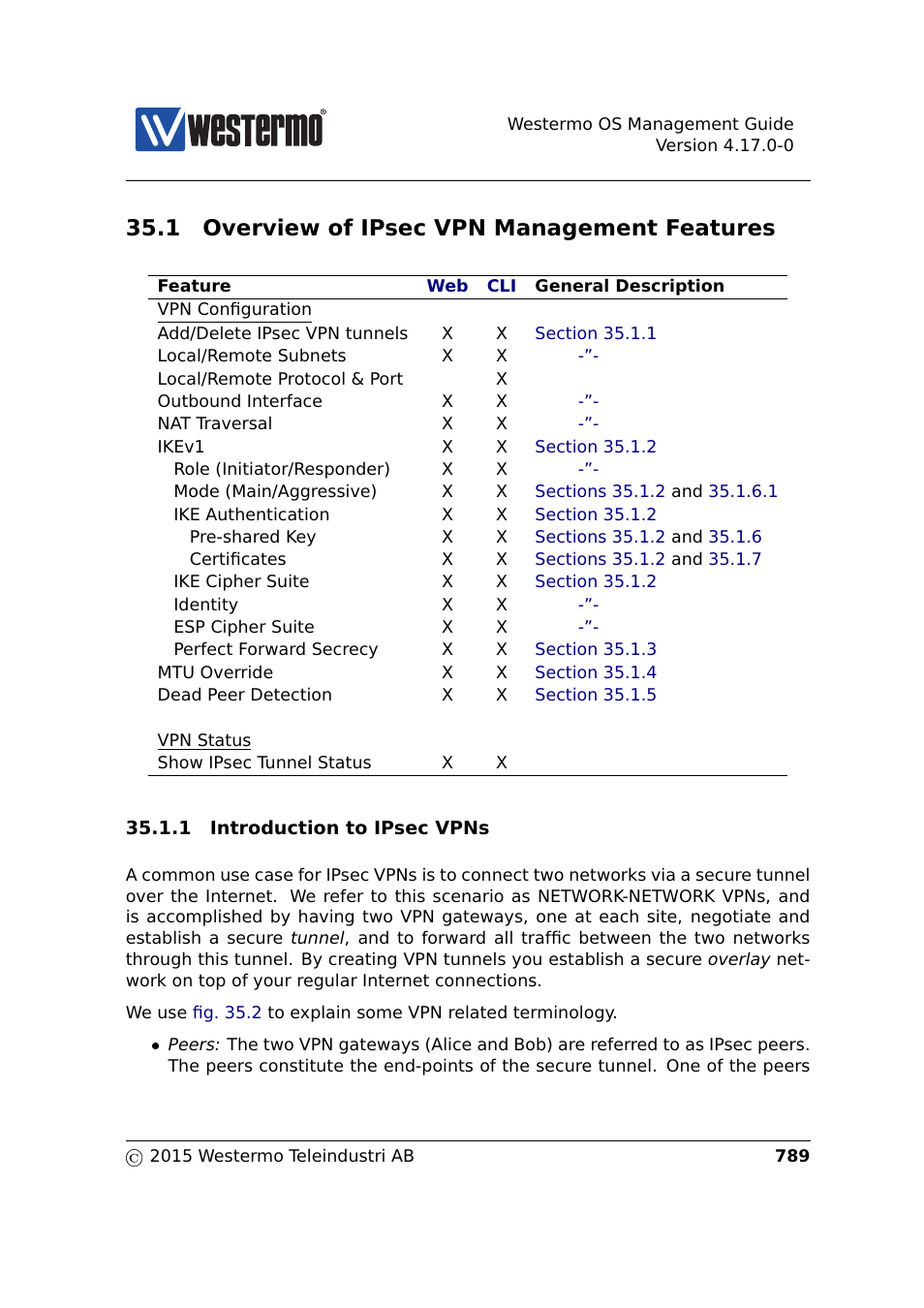 1 overview of ipsec vpn management features, Section 35.1.1 | Westermo RedFox Series User Manual | Page 789 / 977