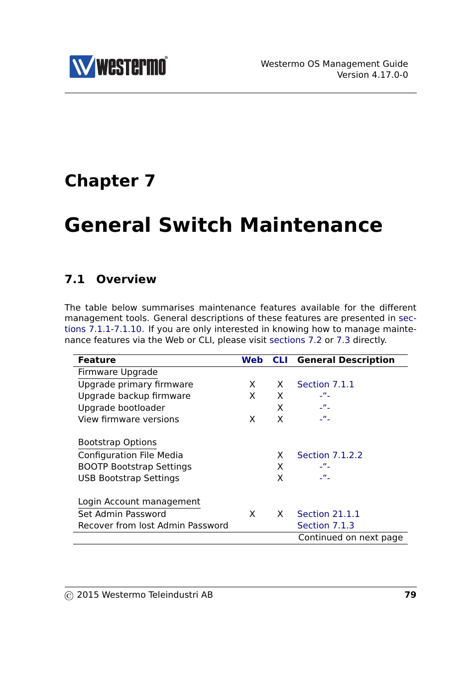 7 general switch maintenance, 1 overview, Chapter 7 | General switch maintenance | Westermo RedFox Series User Manual | Page 79 / 977