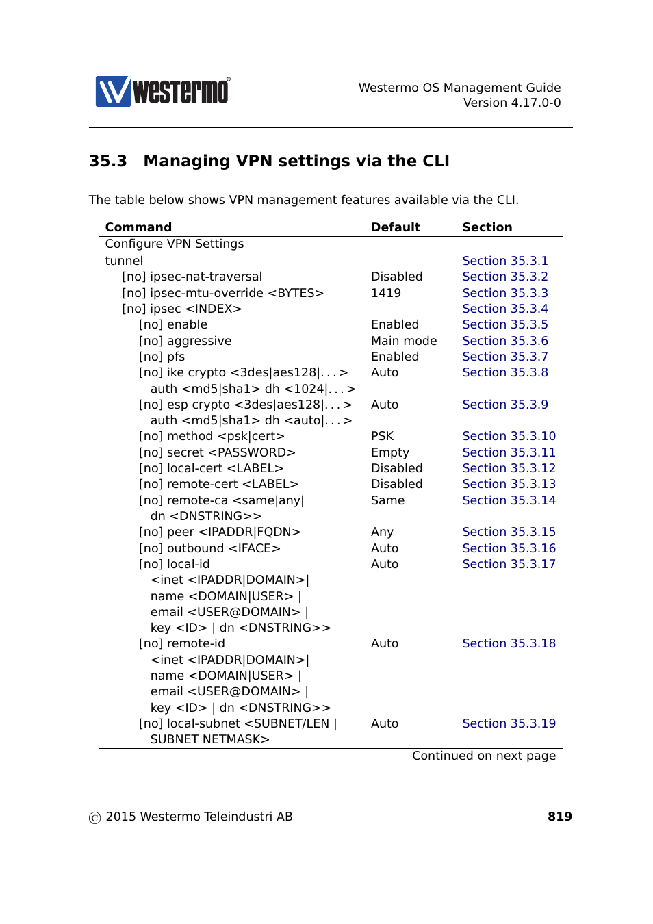 3 managing vpn settings via the cli | Westermo RedFox Series User Manual | Page 819 / 977