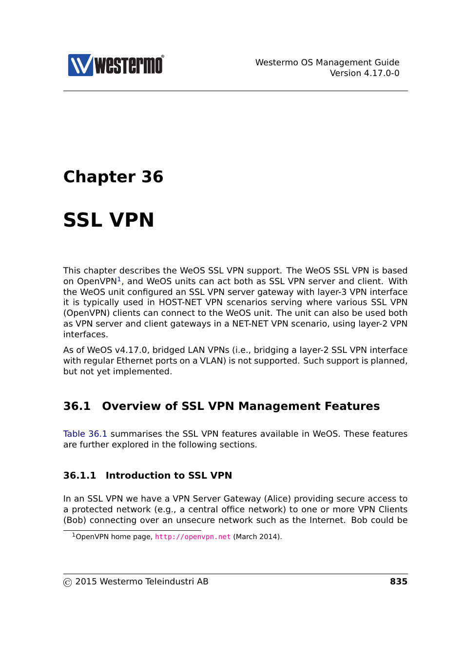 36 ssl vpn, 1 overview of ssl vpn management features, Chapter 36 | Ssl vpn | Westermo RedFox Series User Manual | Page 835 / 977